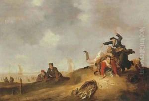 A coastal landscape with a fisherwoman tripping and spilling a basket of fish in the dunes by Cornelis Beelt