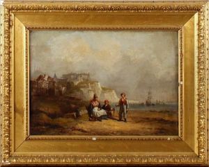 Figures On A Beach Before A Cliff Top Castle by Sir Augustus Wall Callcott