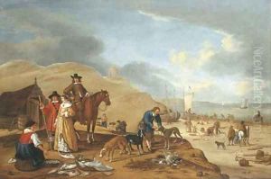 A coastal landscape with elegant company by a fish stall on a beach by Cornelis Beelt