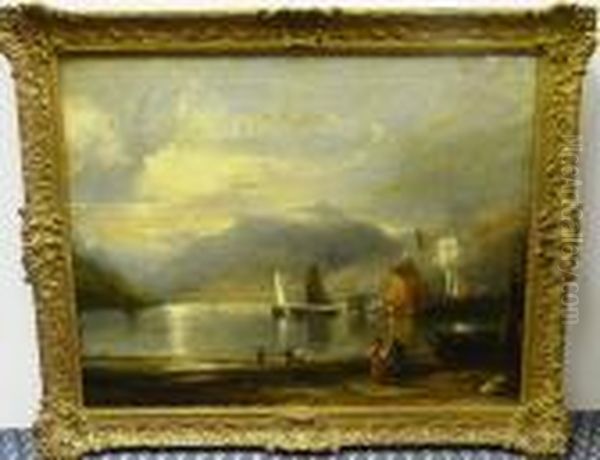 Mountainous Lake Scene With Figures Unloading Fishing Boats - view 1