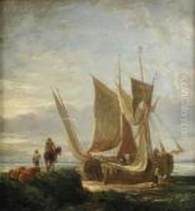 Horsemen On A Beach With A Sailing Ship Mooredalongside Horsemen On A Beach With A Sailing Ship Mooredalongside
