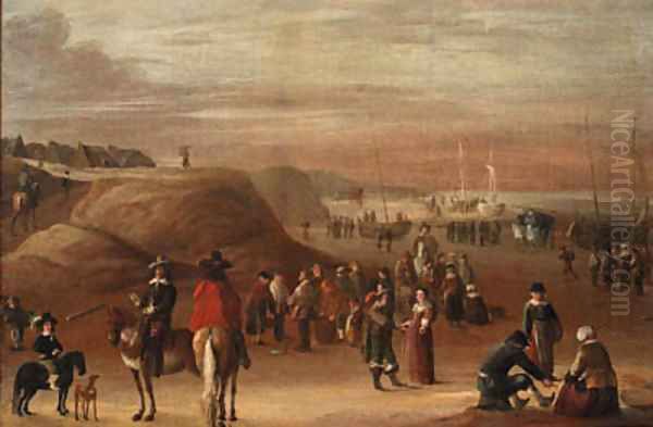 A coastal landscape with peasants and elegant figures on the shore, beached fishing boats beyond - view 1