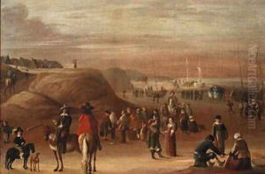 A coastal landscape with peasants and elegant figures on the shore, beached fishing boats beyond by Cornelis Beelt