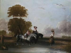 Figures Crossing A River With Horses by Sir Augustus Wall Callcott