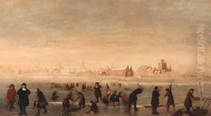 Kolfers, skaters and elegant townsfolk on a frozen waterway, a town beyond by Cornelis Beelt