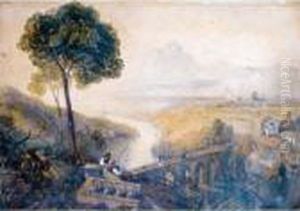 Two Designs For The Back Drop At
 Sunderland Theatre - Figures On A Hillside Above A Bridge, Mountains 
Beyond; Figures By A River, Mountains Beyond by William James Callcott