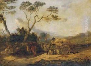 A peasant loading wood on to a donkey cart by Edmund Bristow