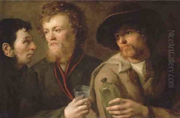 Three men with a glass and a bottle - view 1