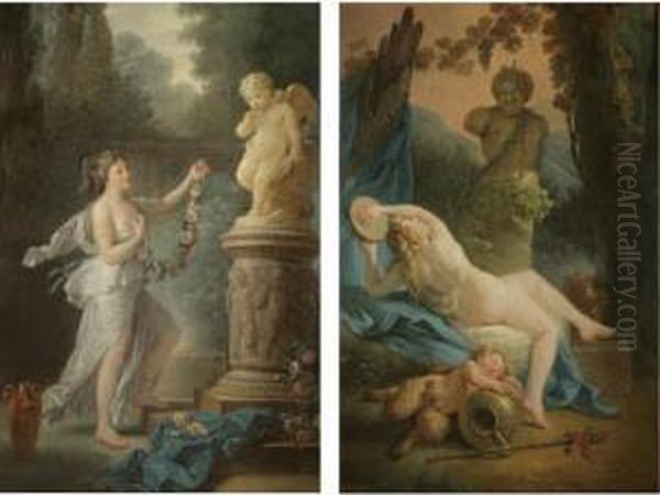 A Bacchante Playing The 
Tambourine Before A Statue Of Pan, A Drunk Young Satyr Asleep In The 
Foreground; A Young Lady Offering A Garland Of Flowers To A Statue Of 
Cupid - view 1