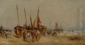 'fisherfolk And Their Boats On A Beach At Low Tide' And 'unloading The Catch' by George D. Callow
