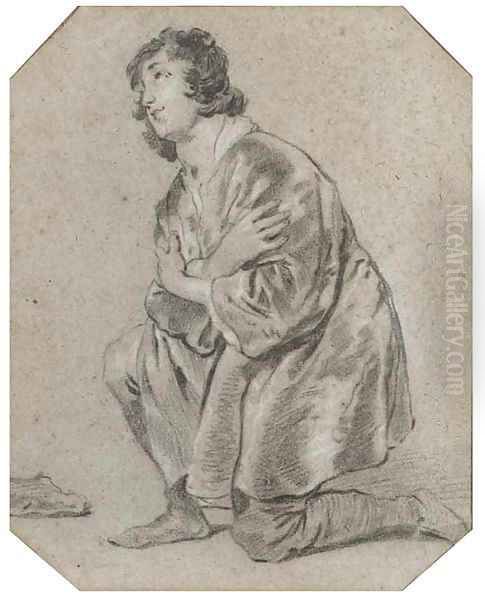 A young man kneeling in profile to the left - view 1