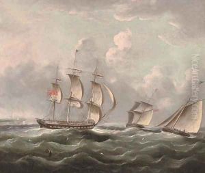 Ships of the Royal Navy running up the coast passing a headland by James E. Buttersworth