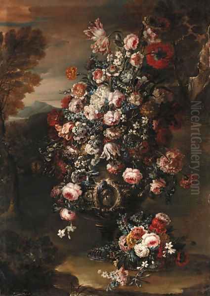 Roses, parrot tulips, paeonies, morning glory and other flowers in an ornamental silver urn in a landscape - view 1