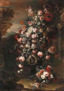 Roses, parrot tulips, paeonies, morning glory and other flowers in an ornamental silver urn in a landscape by Jan-Baptiste Bosschaert