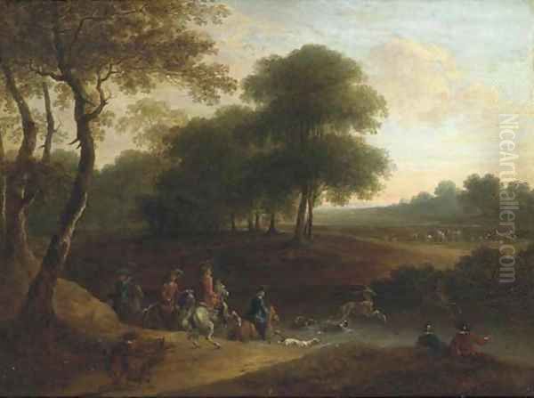 A stag hunt in a wooded landscape - view 1