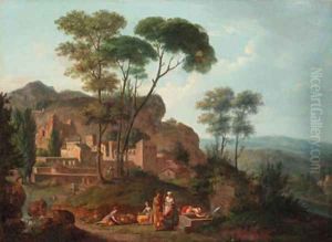 An Italianate landscape with figures resting by a fountain, a town beyond