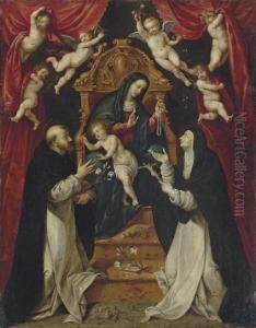 The Madonna And Child Enthroned With Saints Dominic And Catherine Of Siena And Angels