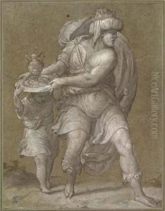 The Moorish King Balthasar Reaching For His Present For The Child.<</b> by Denys Calvaert