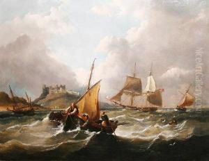 Fishing Vessels Off A Coastline, A Castle Beyond