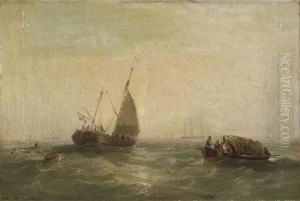 A Dutch Hoy Towing A Long Boat Past Other Vessels