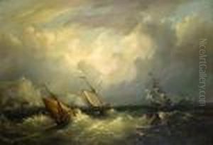 Segelschiffe Auf Sturmischer See Vor Der Englischen Steilkuste
