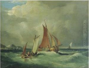Fishing Boats On An Open Seas, Mountainous Coastline Beyond