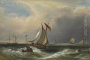 Fishing Boats Off A Coast With Other Shipping