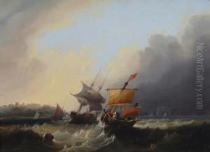 Two- Master Andcoastal Craft In Choppy Seas Off A Coast by Frederick Calvert