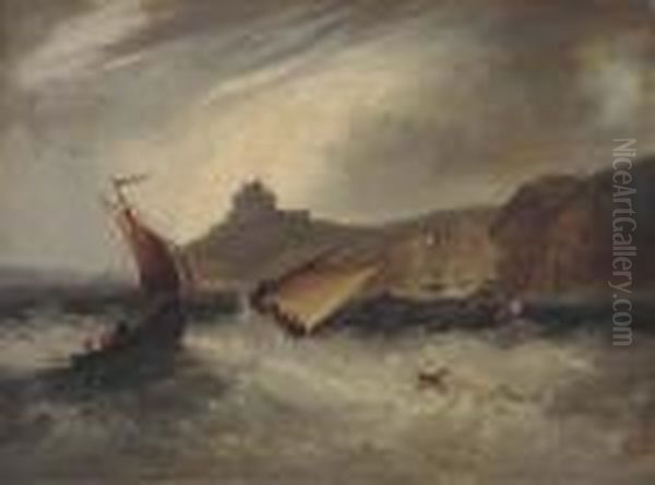 Fishing Boats In A Heavy Swell Off A Fortified Headland - view 1