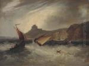 Fishing Boats In A Heavy Swell Off A Fortified Headland