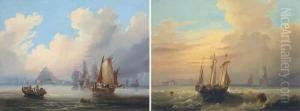 A Crowded Lugger, Probably The 
Ferry, Crossing The Bay; Andmerchantmen And Other Trading Ships In The 
Bay At Mont. St.michel by Frederick Calvert