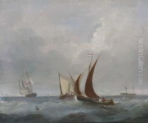 A Frigate Leaving Port; And Barges And Other Shipping In Thechannel Off Dover by Frederick Calvert