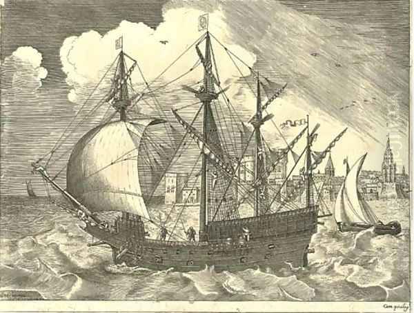 Man of War, sailing to the Left, in the Background a Town, from War-Ships, by F. Huys - view 1