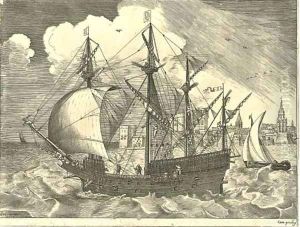 Man of War, sailing to the Left, in the Background a Town, from War-Ships, by F. Huys by Pieter the Elder Bruegel