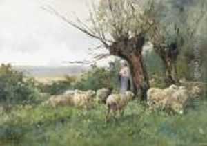 Bauerin Mit Schafen Unter Weidenbaumen. by Leon Georges Calves