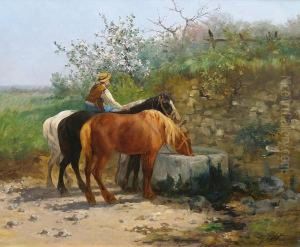 Pferde An Der Tranke by Leon Georges Calves