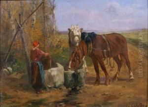La Halte Des Chevaux Au Puits by Leon Georges Calves