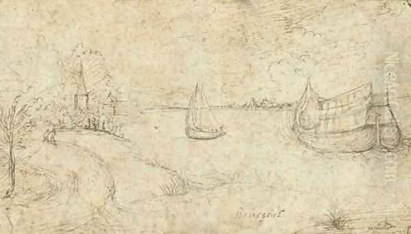 Two ships on a broad estuary, figures on a path in the left foreground - view 1