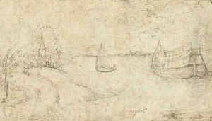 Two ships on a broad estuary, figures on a path in the left foreground by Pieter the Elder Bruegel