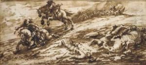A Cavalry Scene With A Battle In The Background by Antonio Calza