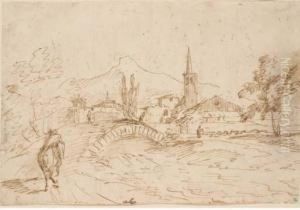 A Landscape With A Bridge, A Rider On The Foreground, A Villagebeyond A Landscape With A Bridge, A Rider On The Foreground, A Villagebeyond