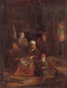 A family in a kitchen interior by Quirin Gerritsz. Van Brekelenkam