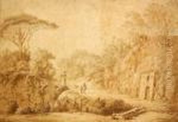"paysage D'italie : Ruines Au Bord D'une Route Avec Deux Personnages Conversant." - view 1