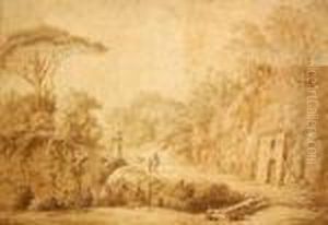 "paysage D'italie : Ruines Au Bord D'une Route Avec Deux Personnages Conversant." by Charles Camarroque