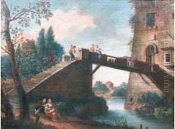  Jeunes Femmes Et Bergers Sur Un Pont De Bois Enjambant Une Riviere  - view 1