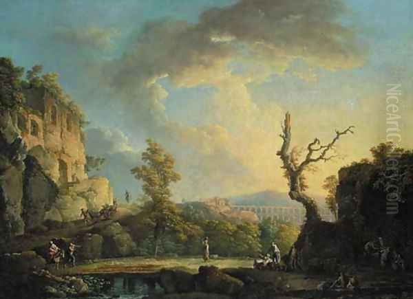 An extensive Italianate river landscape with travellers and soldiers in the foreground, a Roman aqueduct beyond by Carlo Bonavia