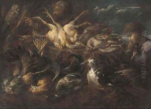 A falconer and his falcon, a duck with wheat in its beak, a sleeping boy and dead game in a landscape by Felice Boselli