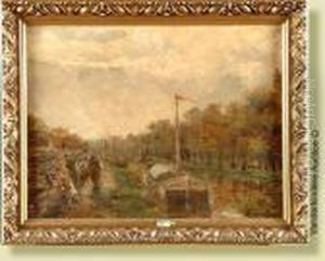Peniches Le Long Du Canal by Louis Gustave Cambier