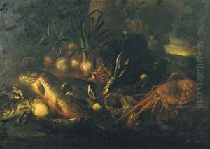 Fish, a seashell, a crayfish, a lobster and onions on a rocky bank by Felice Boselli