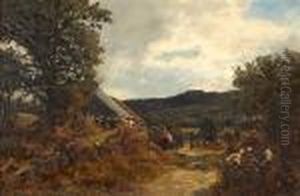 A Hilly Landscape With A Woman Carrying Washing Outside A Cottage